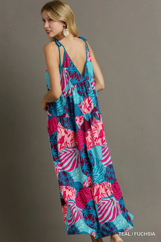 Umgee Teal & Fuschia Mixed Print Spaghetti Tie Strap Dress