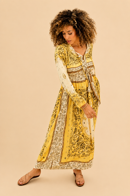 Gold & Silver Paris Says Paisley Print Yellow Maxi Dress