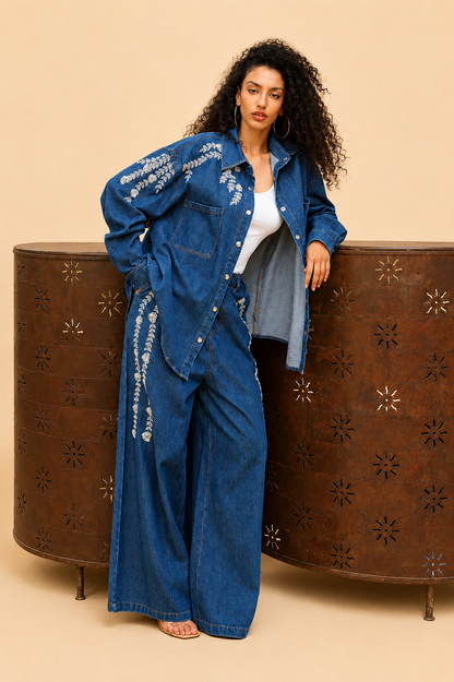 Gold & Silver Paris Success Embroidered Dark Denim Set