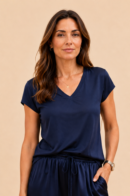 Scandal Italy Navy Alina V-Neck Top
