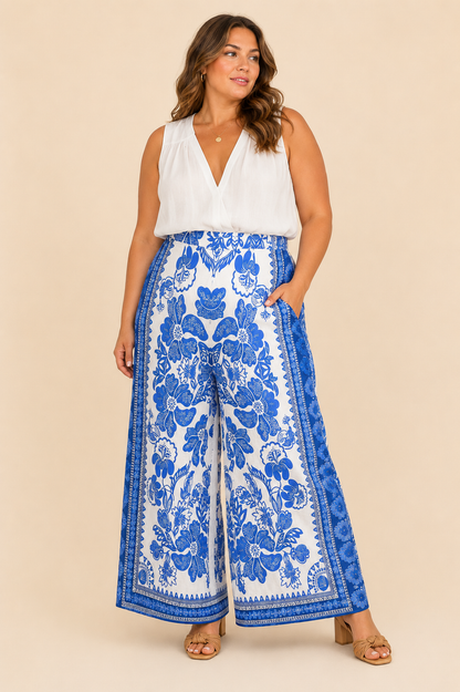 Umgee Blue Floral Wide Leg Pants - Plus
