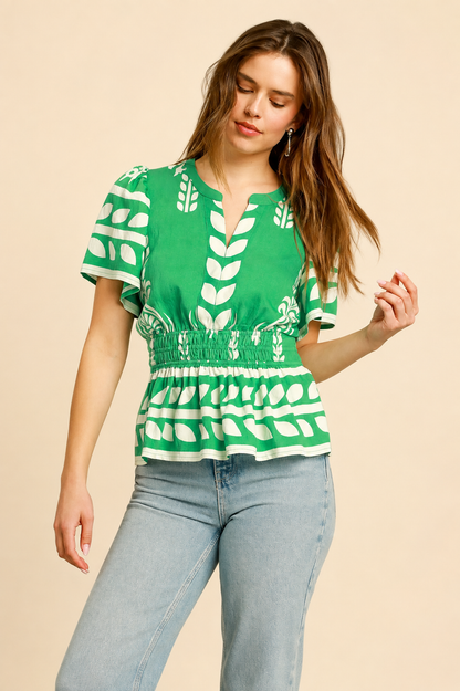 Umgee Boho Peplum Smocked Waist Blouse