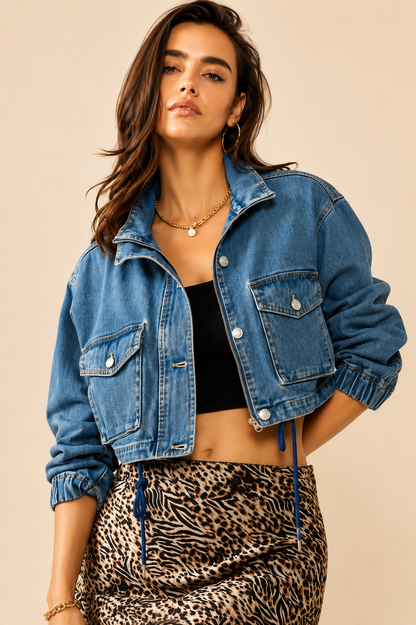 Urban Daizy Utility Cropped Drawstring Hem Stand Collar Denim Jacket