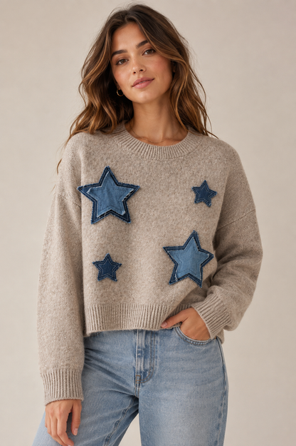 Urban Daizy Taupe Denim Star Patch Cropped Knit Sweater