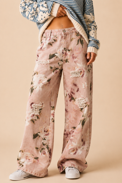 Urban Daizy Romantic Rose Print High-Rise Denim Pants
