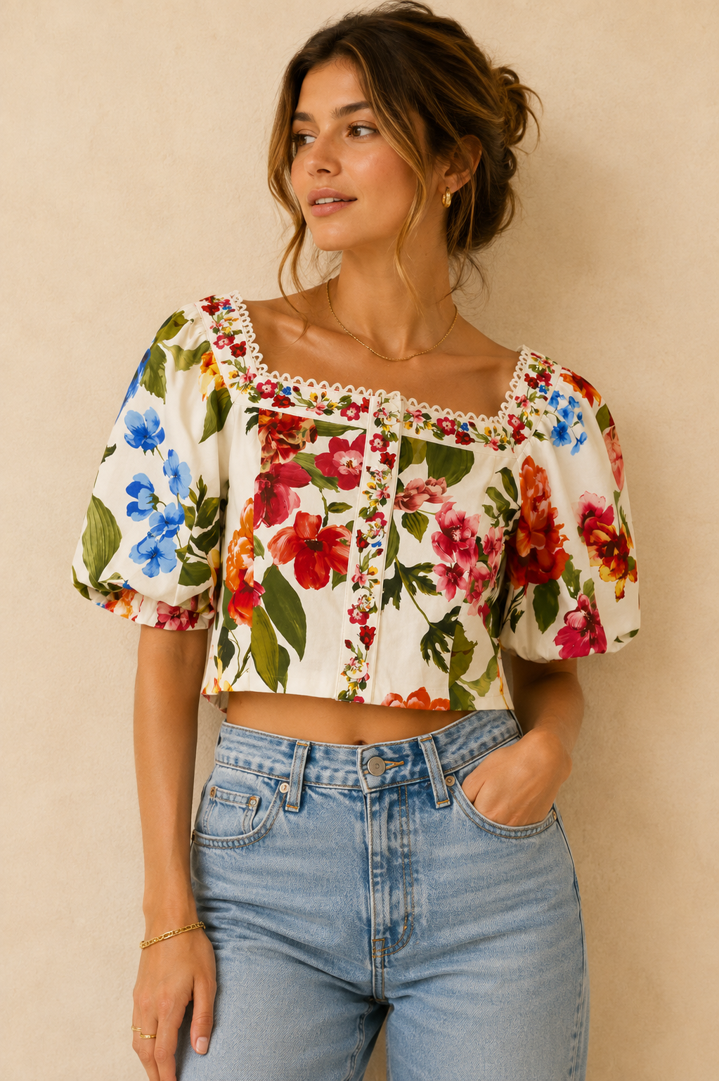 SKIES ARE BLUE Floral Border Puff Sleeve Smocked Crop Top