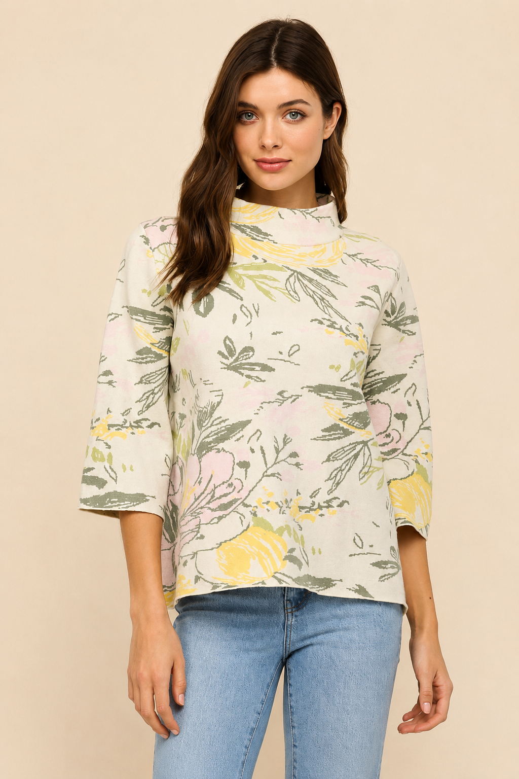 Fate Floral Pattern 3/4 Flared Sleeve Mock Neck Sweat