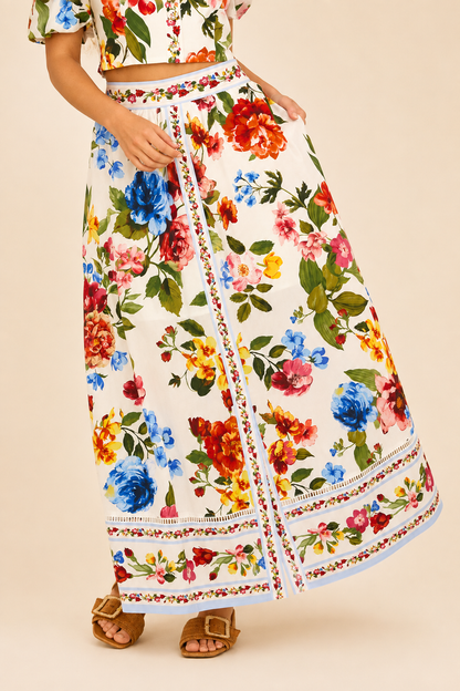 SKIES ARE BLUE Floral Border Print Midi Skirt