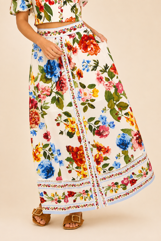 SKIES ARE BLUE Floral Border Print Midi Skirt