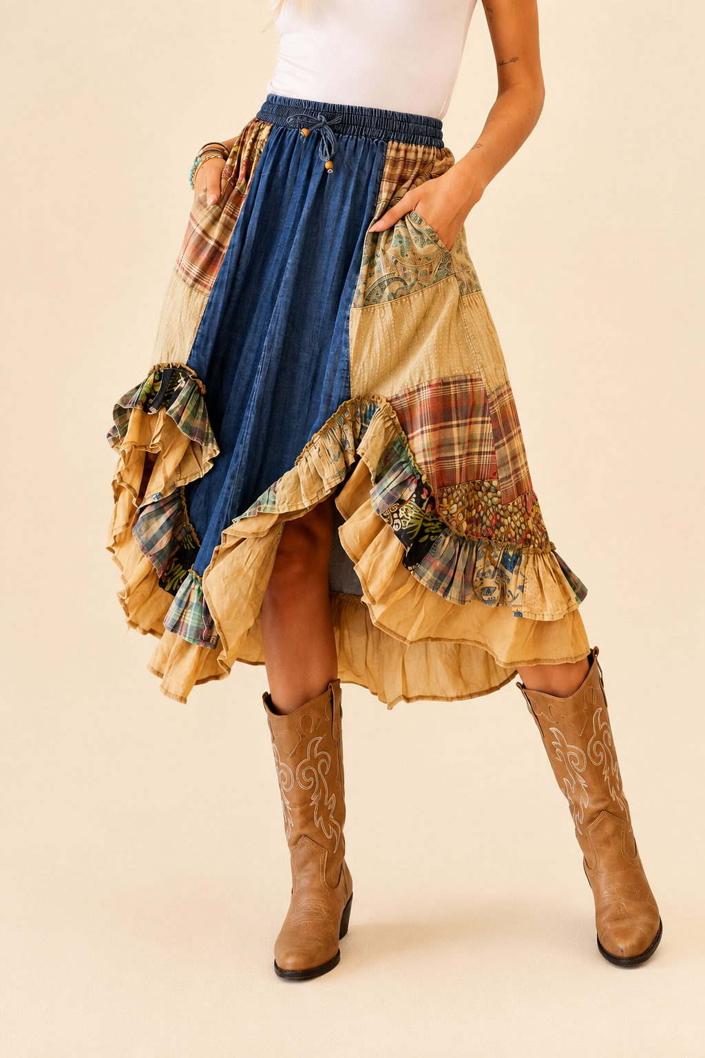 Young Threads Western Boho Chic: Patchwork Midi Skirt