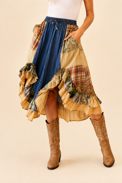 Young Threads Western Boho Chic: Patchwork Midi Skirt