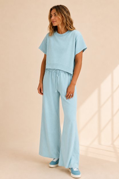 Cozy Tee and Wide Leg Pants 2pcs Set - Blue or Pink