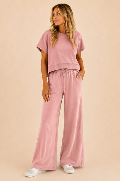 Cozy Tee and Wide Leg Pants 2pcs Set - Blue or Pink