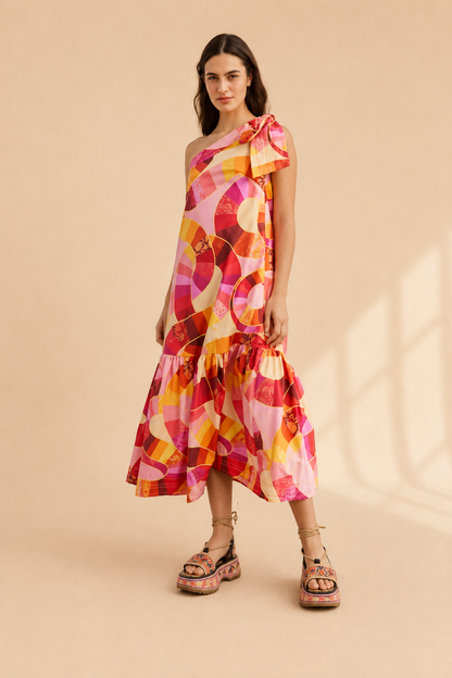 Farm Rio One-Shoulder Patch Twirl Dress