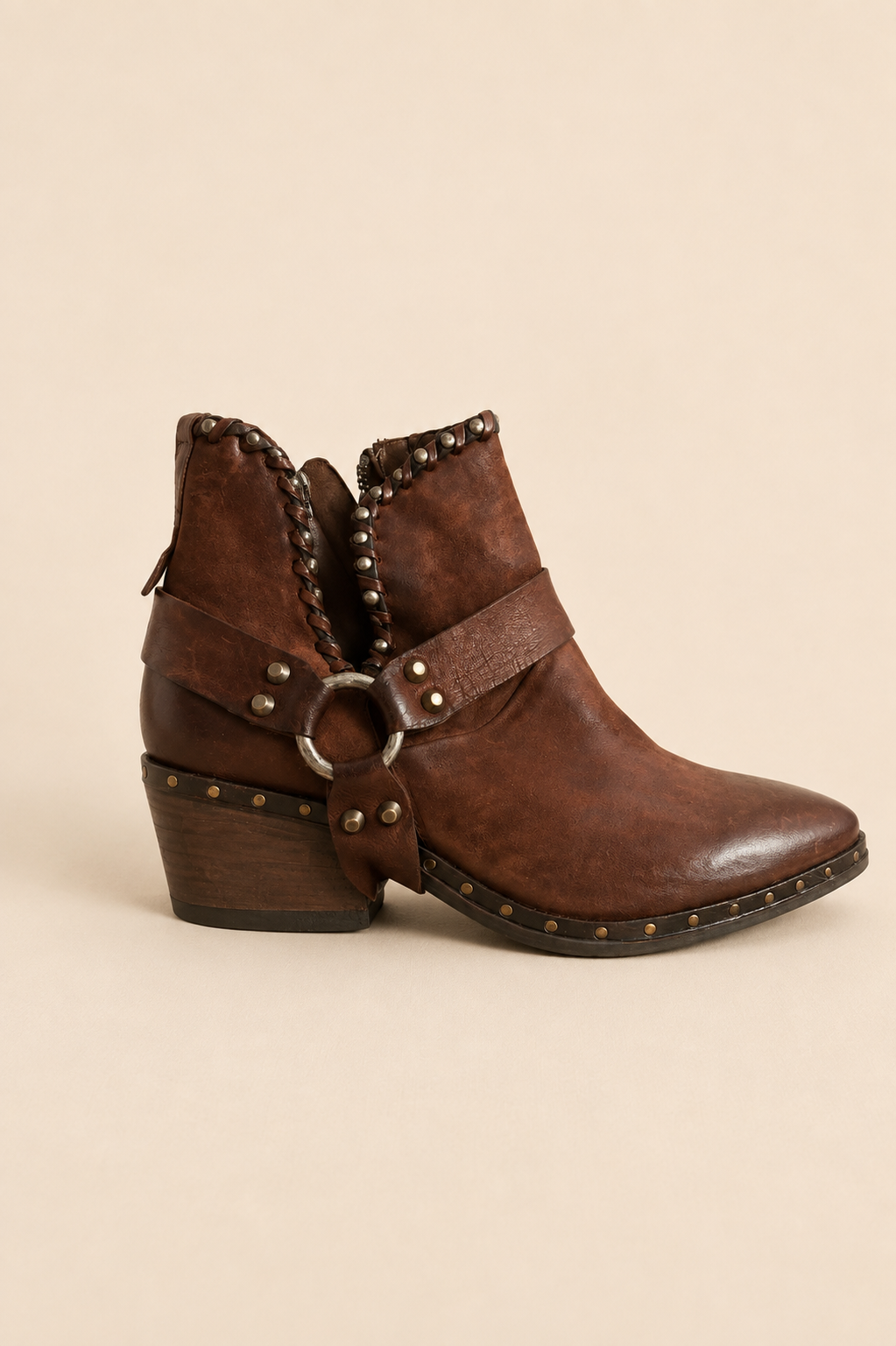 A.S.98 Distressed Brown Leather Studded Ankle Boots