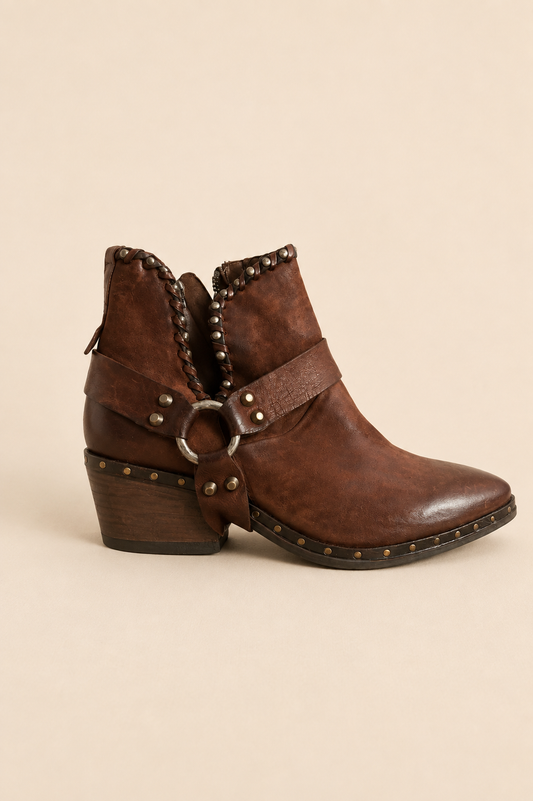 A.S.98 Distressed Brown Leather Studded Ankle Boots