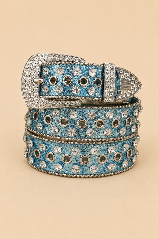 Blue and Silver Studded Rhinestone Glittery Western Belt