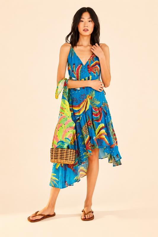 Farm Rio Women Blue Banana Sleeveless Wrap Asymptomatic Tropical Dress