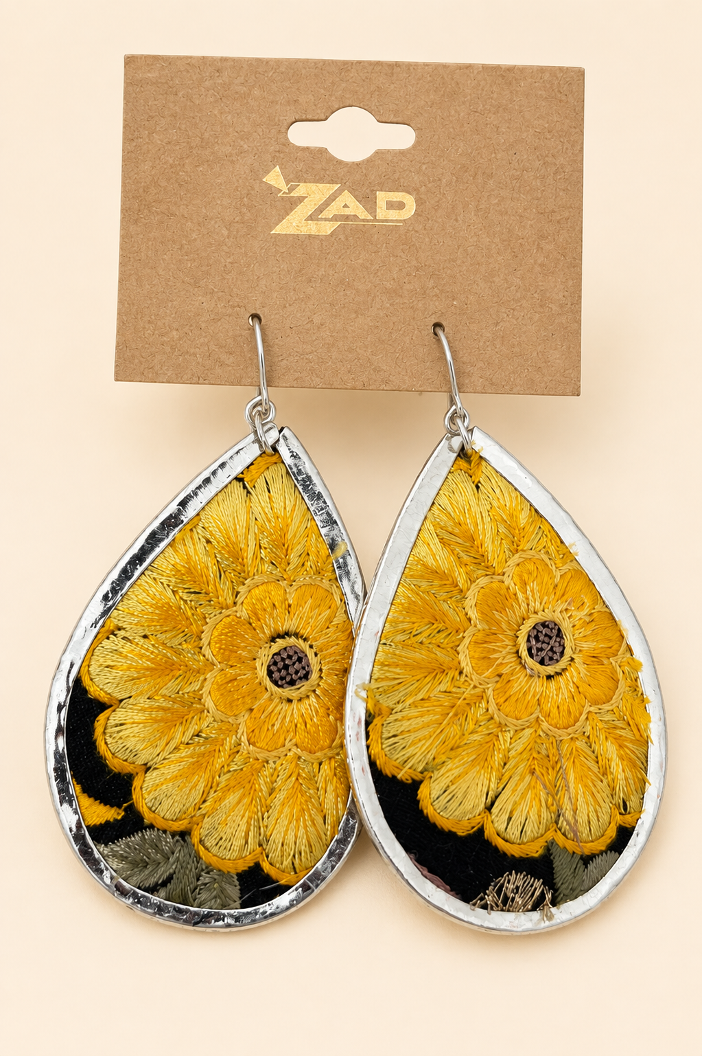 ZAD Yellow Flower Embroidery Silver Teardrop Earrings