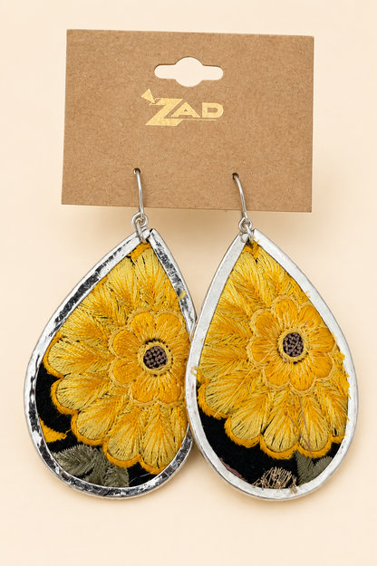 ZAD Yellow Flower Embroidery Silver Teardrop Earrings