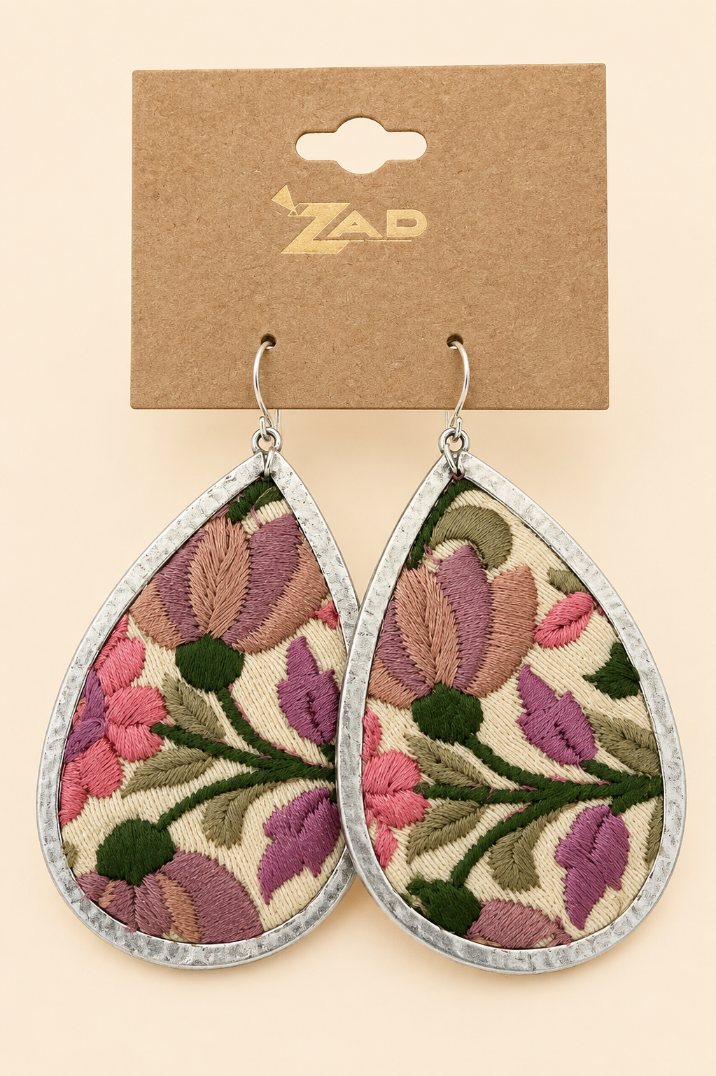 ZAD Light Pink Flower Embroidery Silver Teardrop Earrings