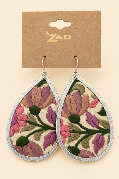 ZAD Light Pink Flower Embroidery Silver Teardrop Earrings