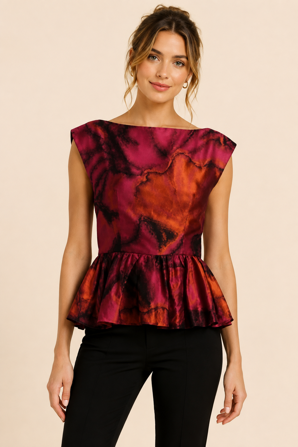 Alice + Olivia Kota Black Hot Pink Abstract Sleeveless Peplum Top