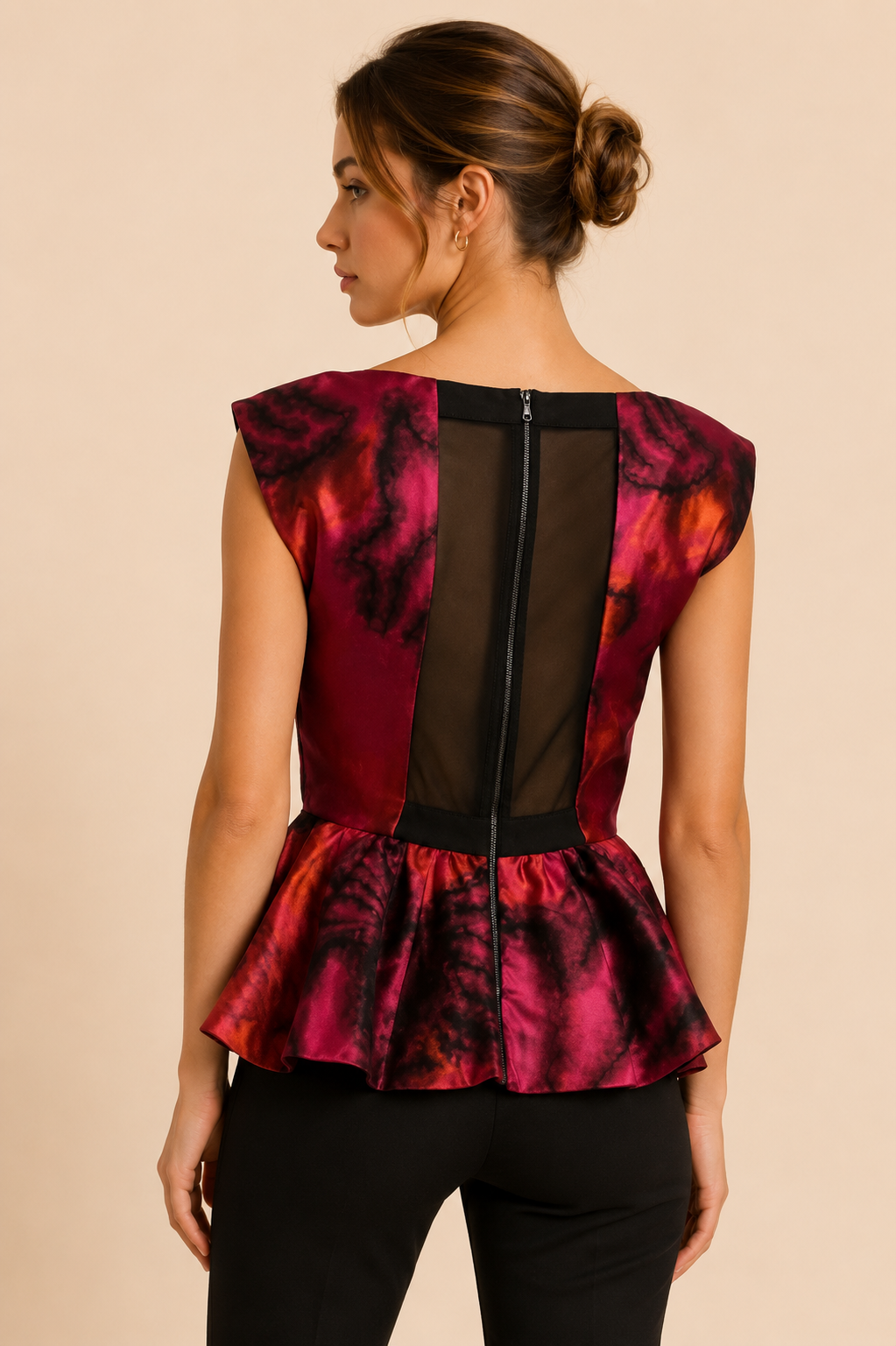 Alice + Olivia Kota Black Hot Pink Abstract Sleeveless Peplum Top