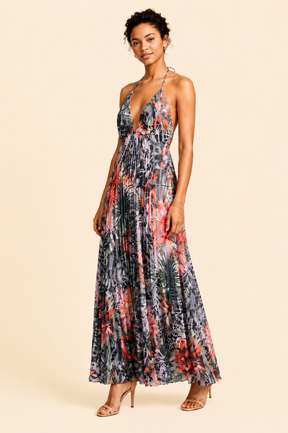 Alice + Olivia Laney Pleated Halter Maxi Dress Snow Leopard Orange Jungle