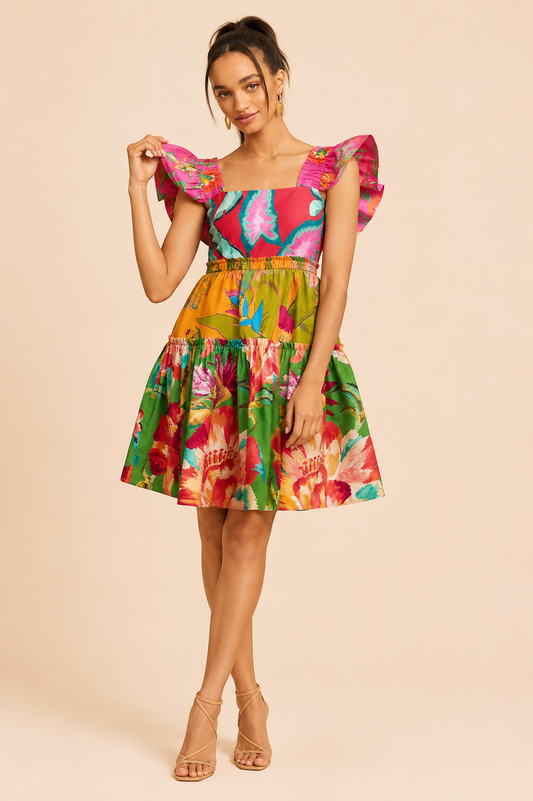 Farm Rio Foliage Mix Mini Dress Vibrant Tropical Floral
