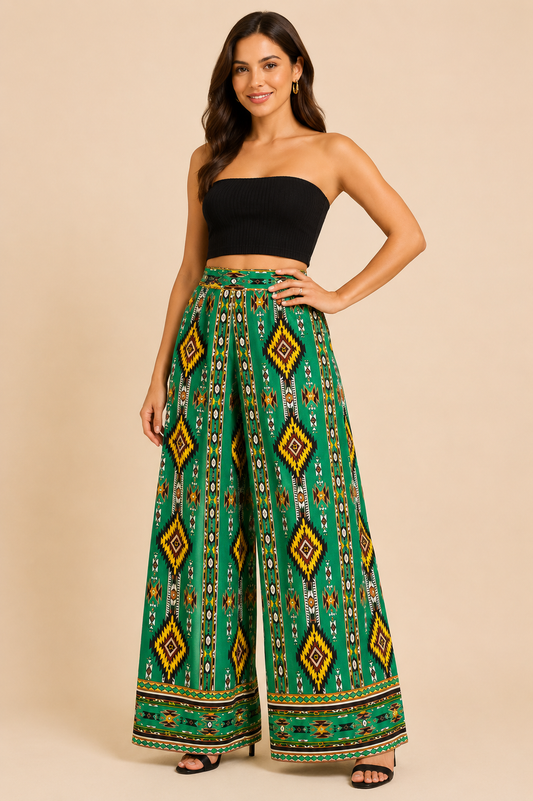 Alice + Olivia Athena Green Print Wide Leg Pants