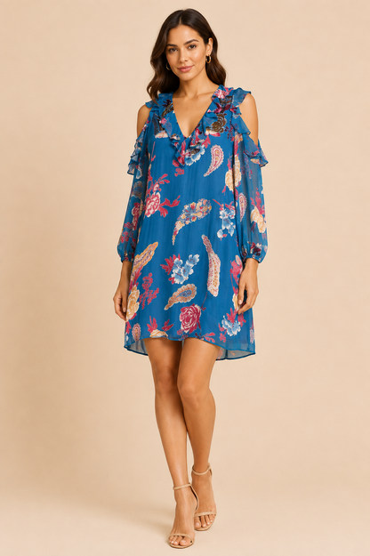 Alice + Olivia Giovanna Chiffon Silk Blend Paisley Ruffle Mini Dress
