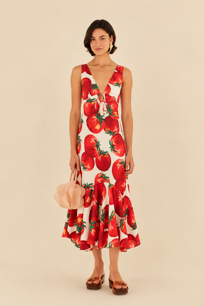 Farm Rio Tomato Printed Pointed Dress