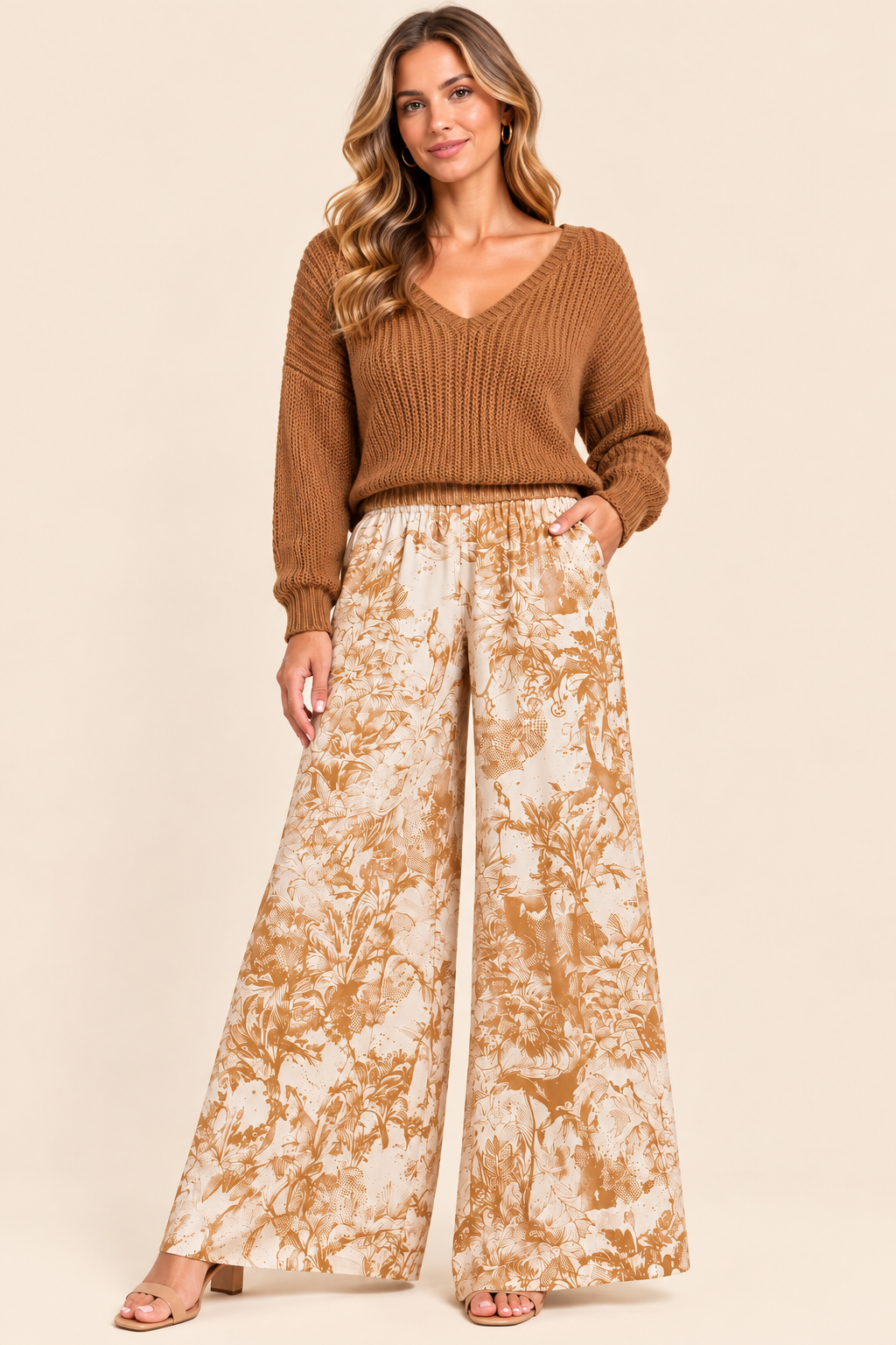 Scandal Italy Caramel and Cream Wide Leg Micah Pants