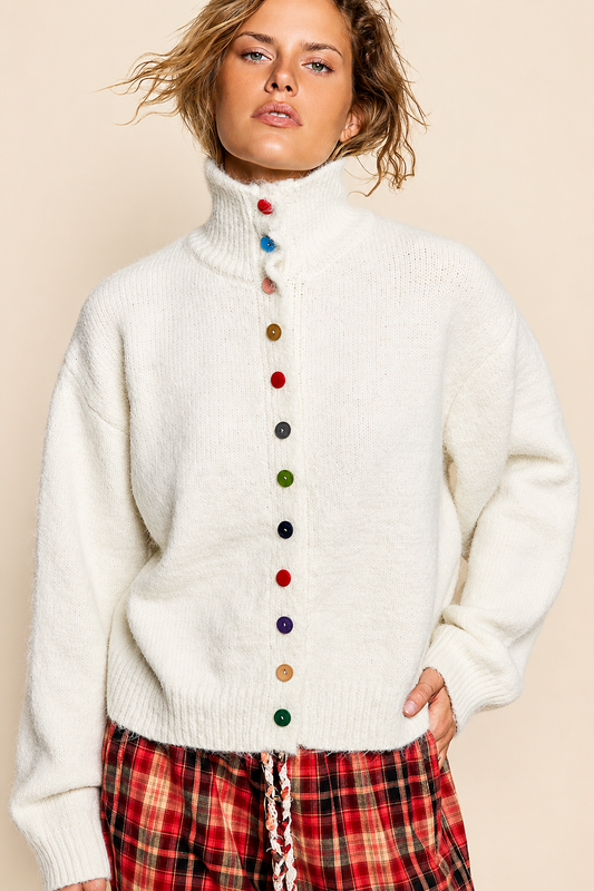 POL Clothing Chic Collar Button Knit Cardigan Cozy Oversized Sweater