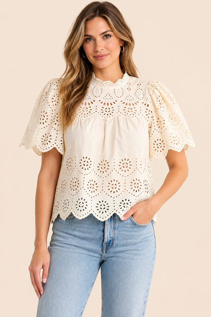 T Tahari Embroidered Eyelet Cotton Top
