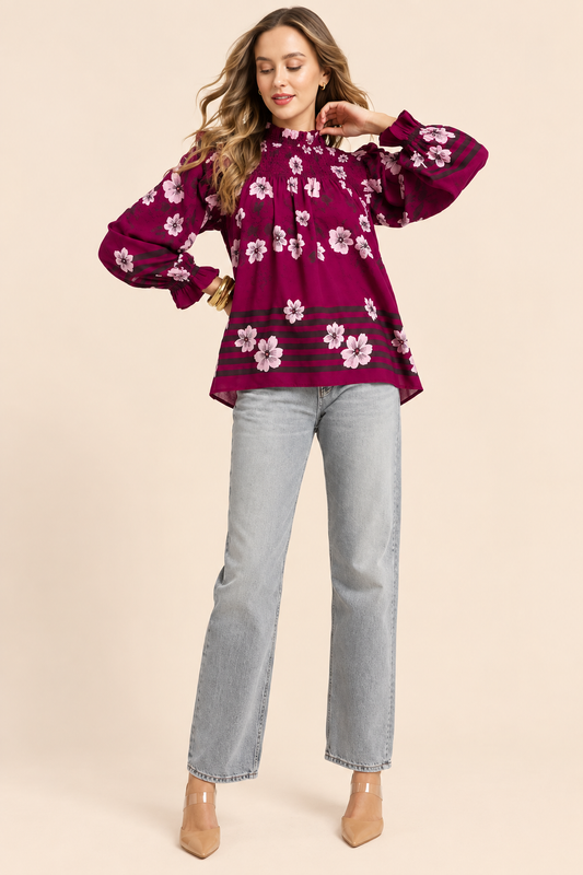 Umgee Mix Floral Smocked Ruffle Blouse