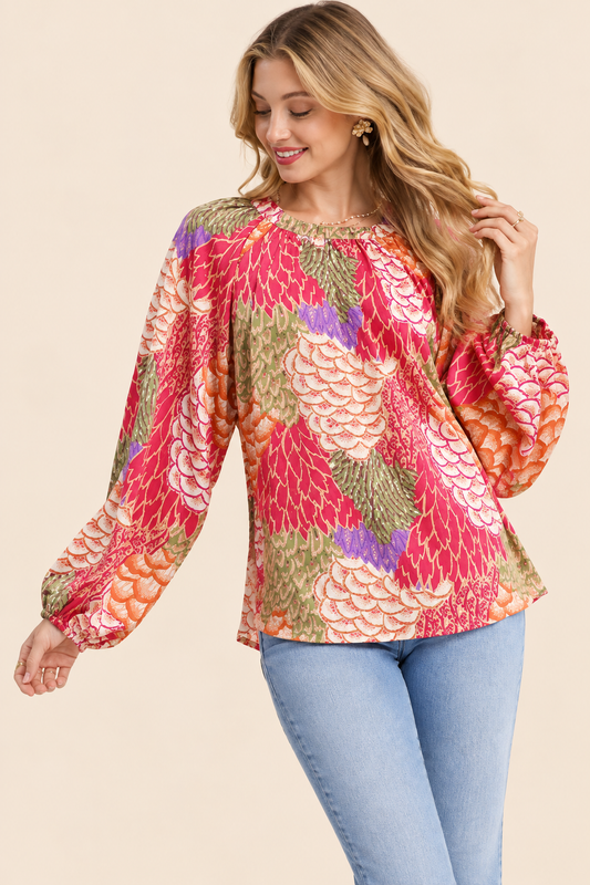 Umgee Boho Feather Print Peasant Blouse