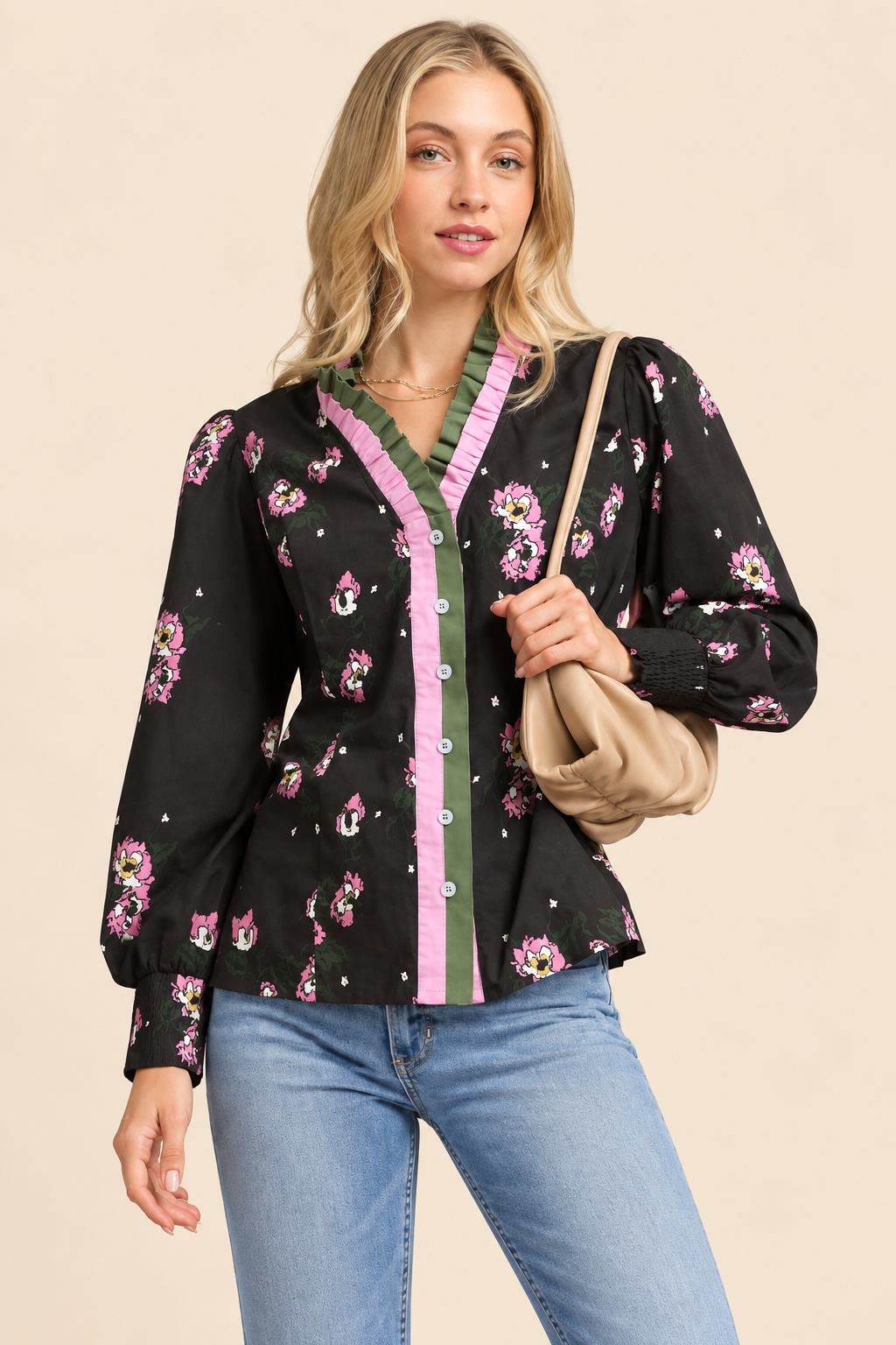 Umgee Abstract Floral Bunch Print Ruffle Blouse