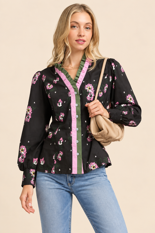 Umgee Abstract Floral Bunch Print Ruffle Blouse