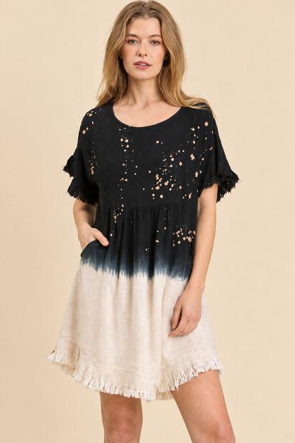 Umgee Linen Blend Pocket Dress with Frayed Hem