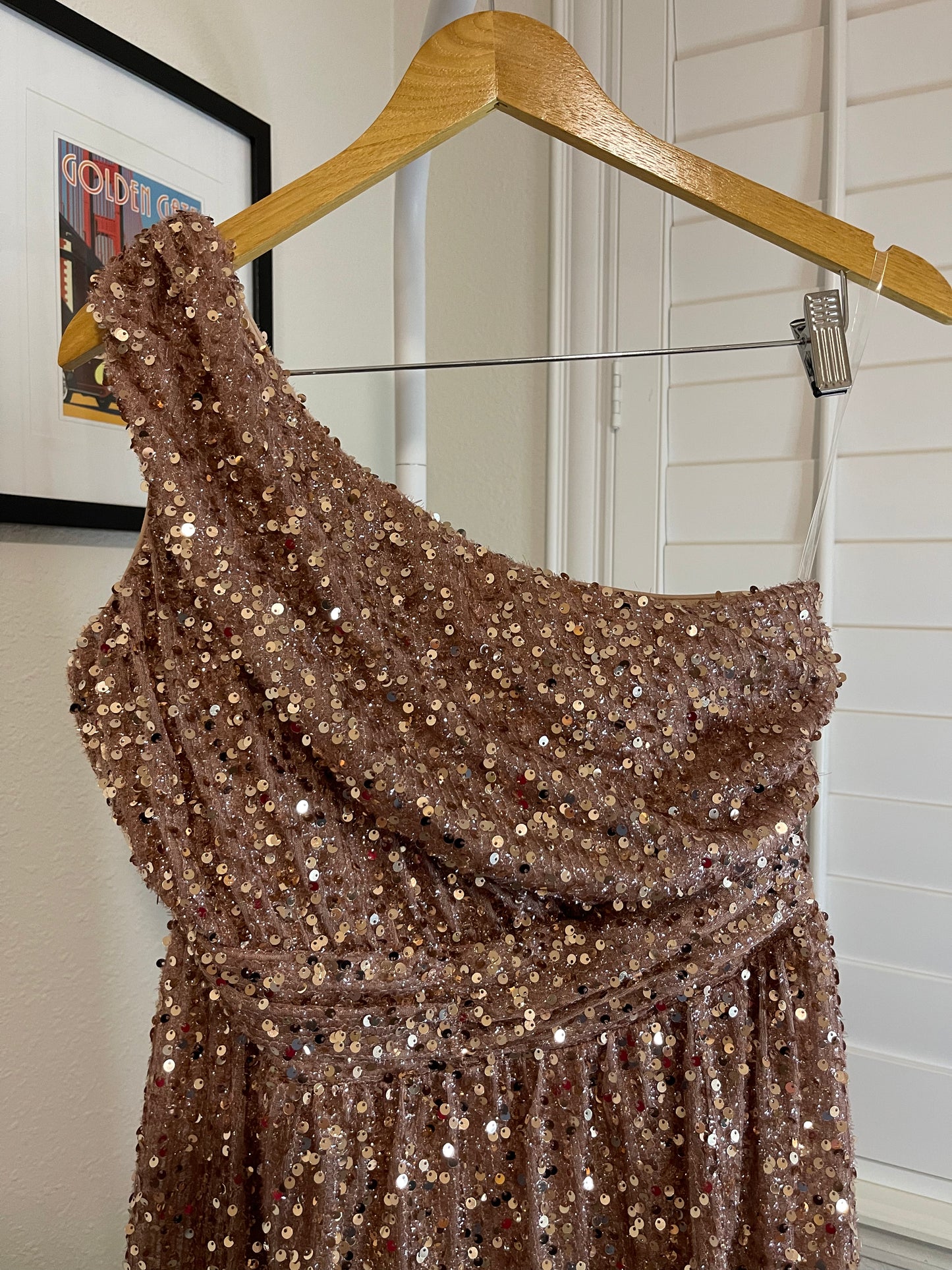 Champagne Sequin Ruched One-Shoulder Gown