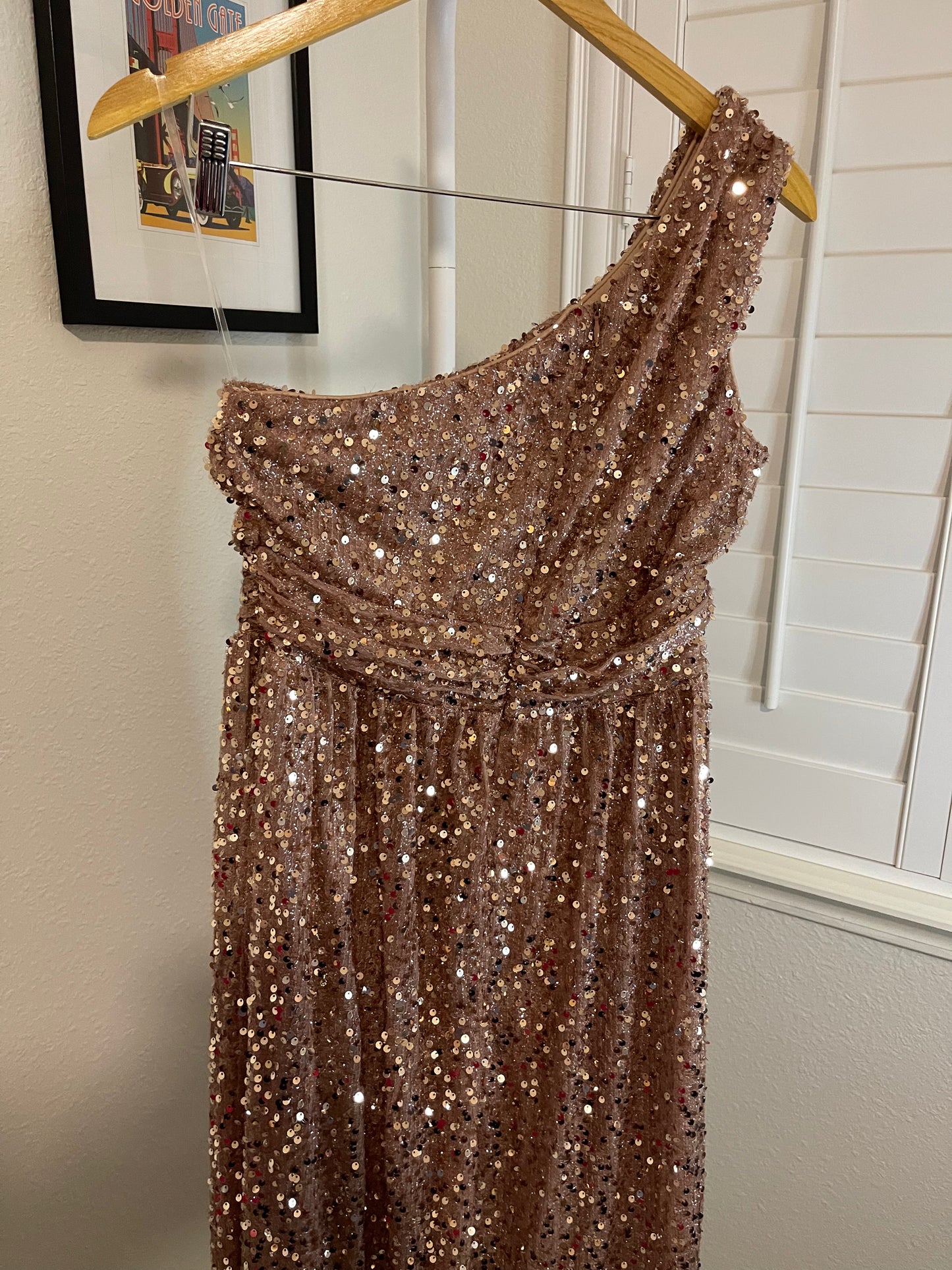 Champagne Sequin Ruched One-Shoulder Gown