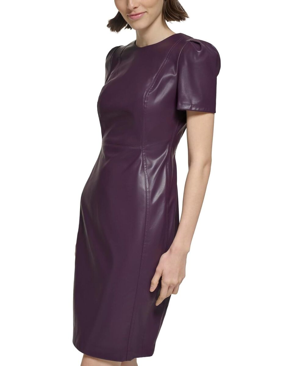 Calvin Klein Faux Leather Short Sheath Dress with Short Sleeve