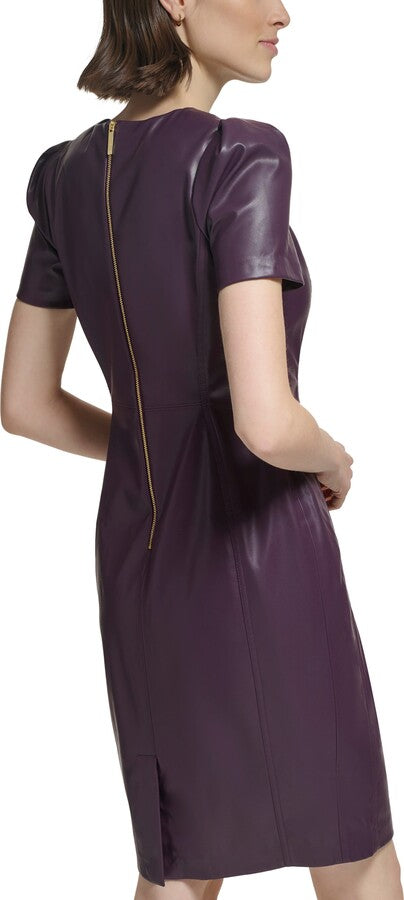 Calvin Klein Faux Leather Short Sheath Dress with Short Sleeve