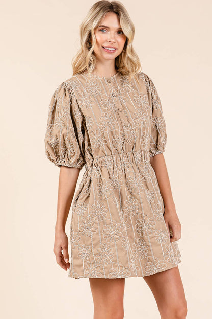 GeeGee x Lovelo Floral Embroidered Half Button-Up Mini Dress