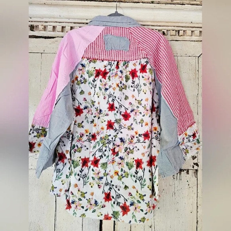 POL Clothing Patchwork Button Down Shirt Boho Floral Shirt