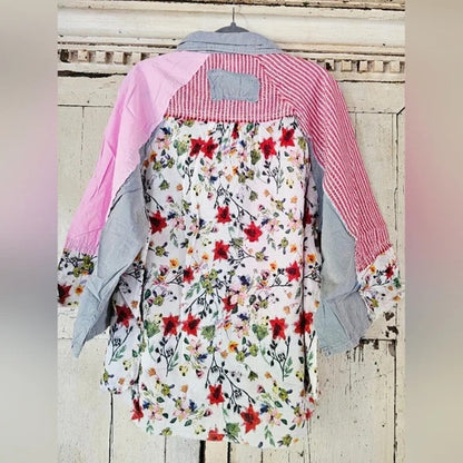 POL Clothing Patchwork Button Down Shirt Boho Floral Shirt