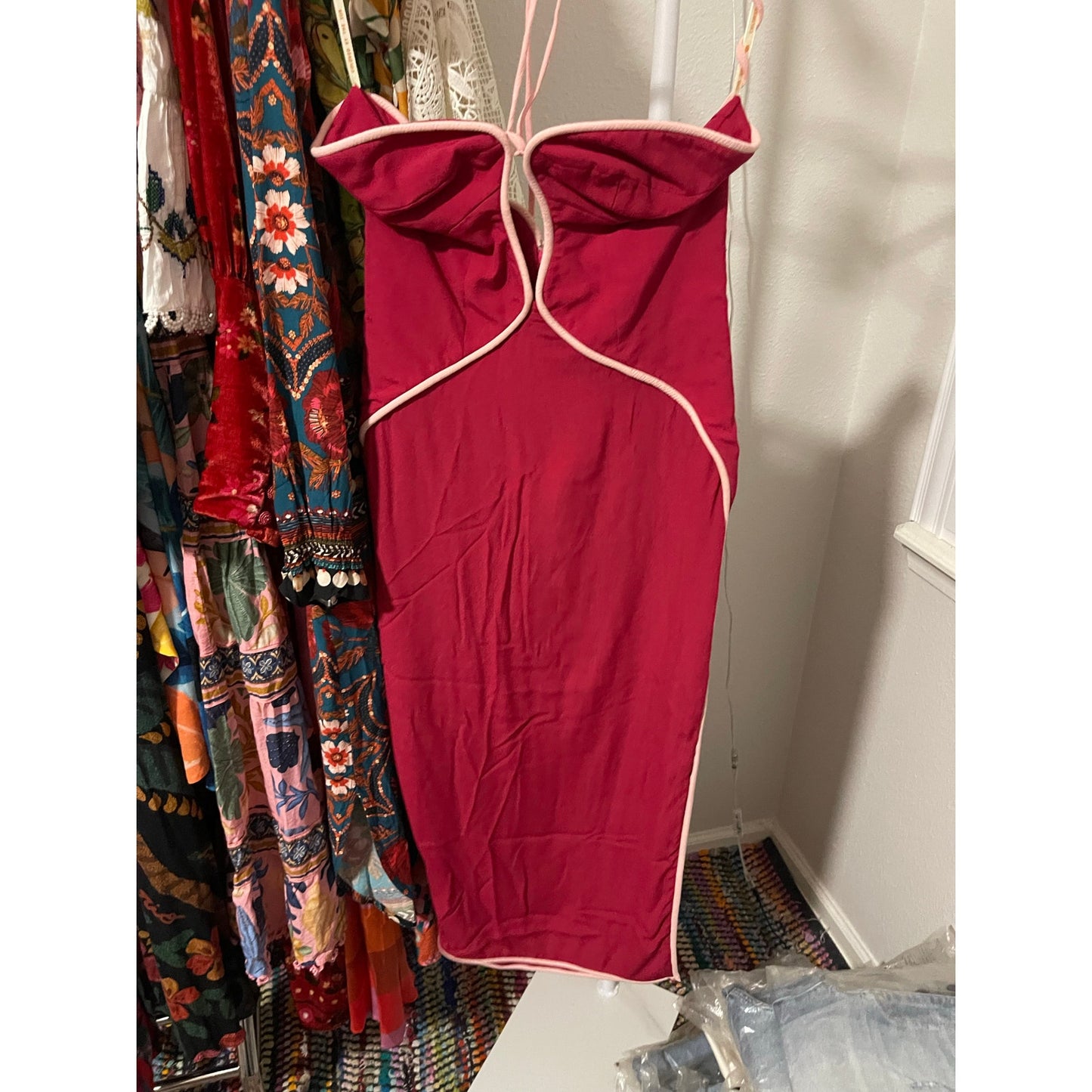 Farm Rio Hot Pink Contrast Detail Center Cutout Midi Dress