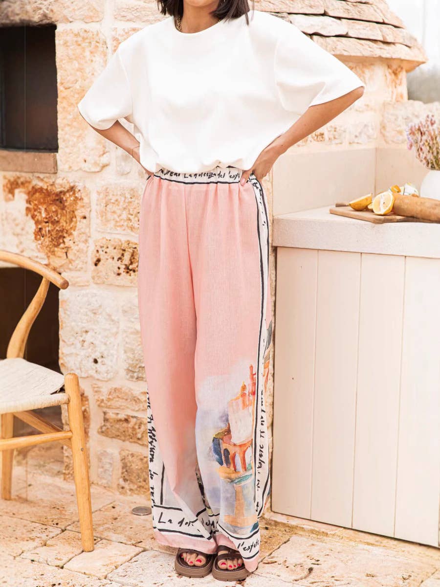 Rosa Clothing - Resort Style landscape printed wide leg pant